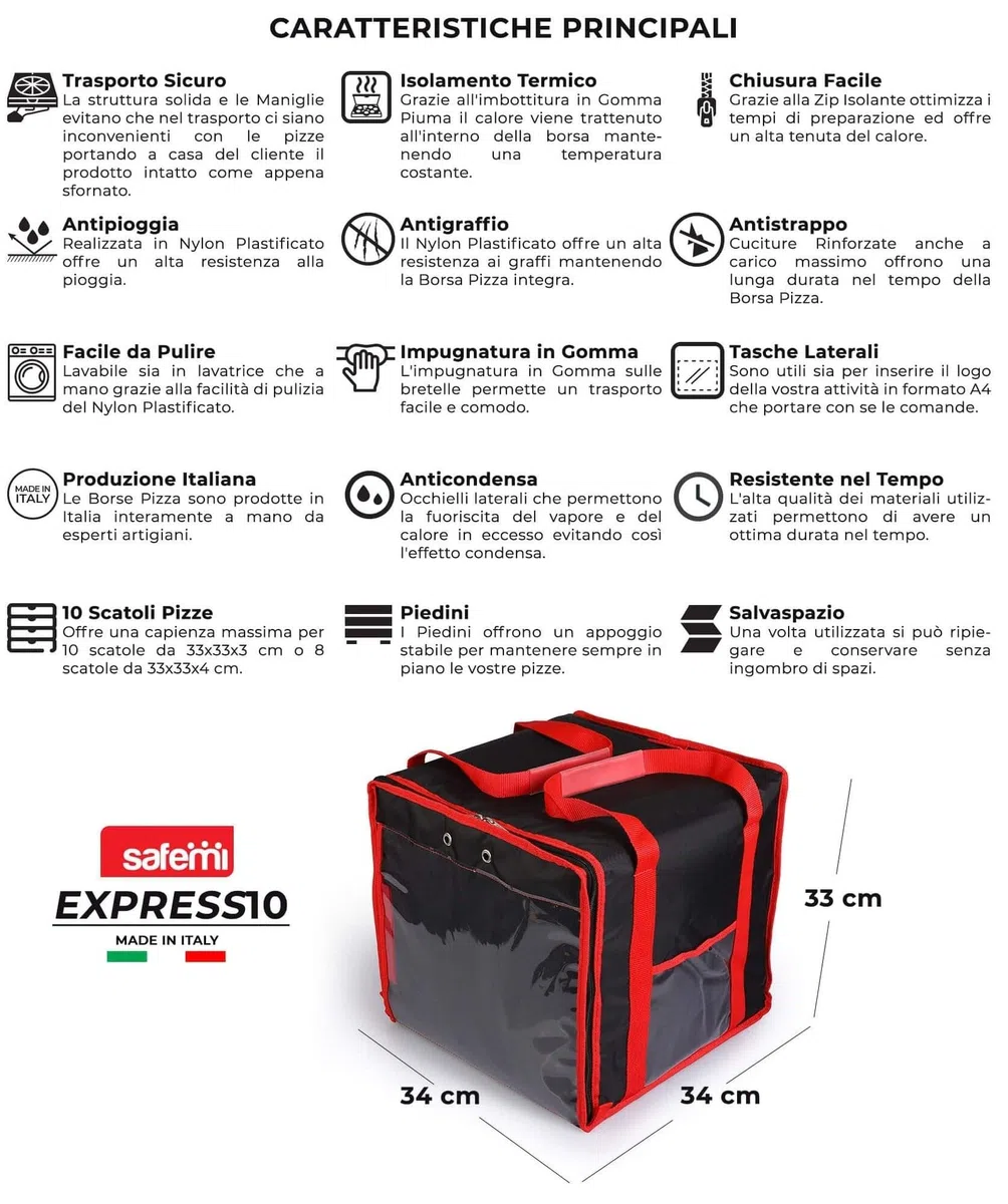 safemi Borsa Termica Porta Pizze da Asporto 8/10 Cartoni Express 10 Nera e Rossa