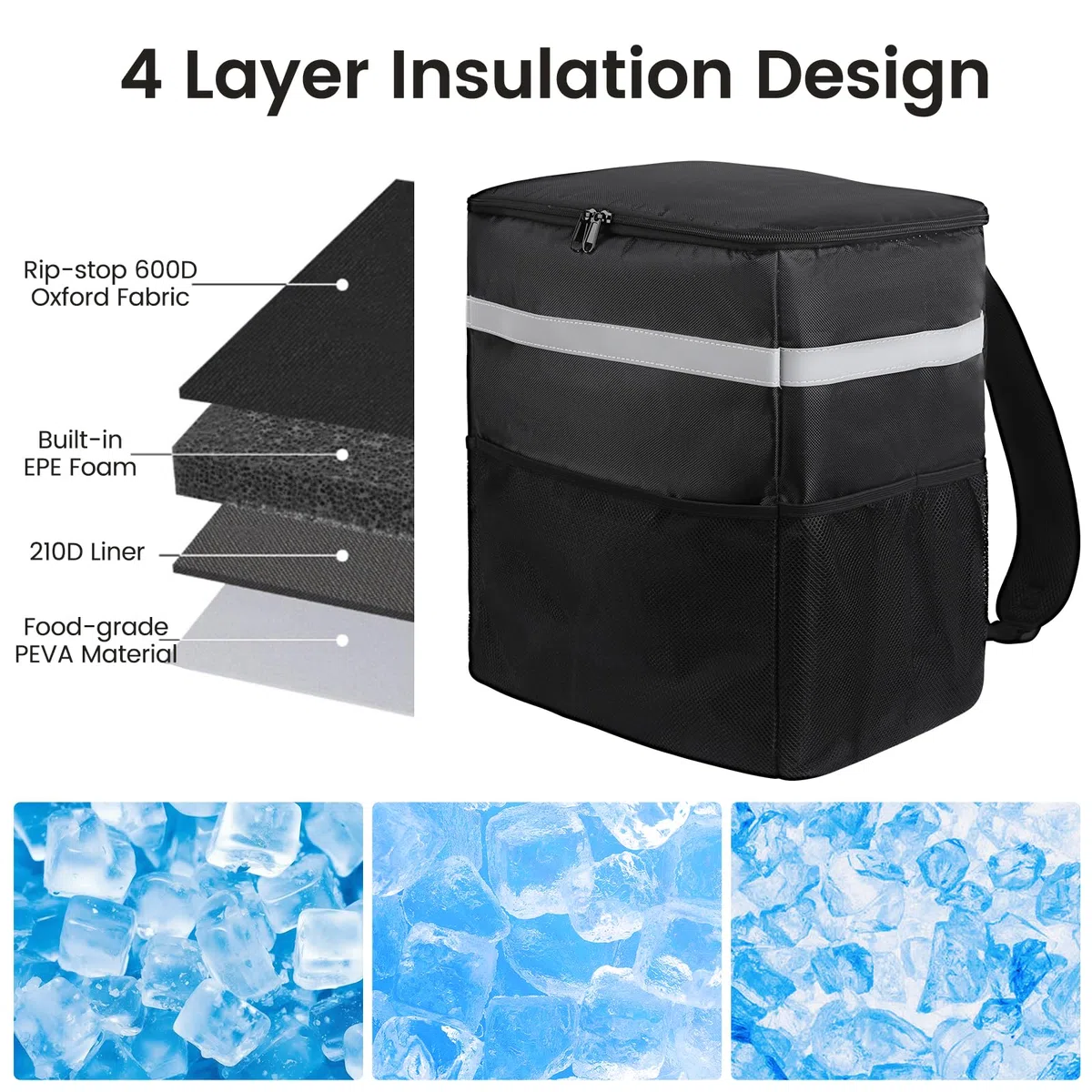 musbus Zaino per consegna cibo, borse termiche per consegna bici, grande borsa per consegna pizza per caldo/freddo, con 4 tasche striscia riflettente per Uber Eat, campeggio e spiaggia (nero)