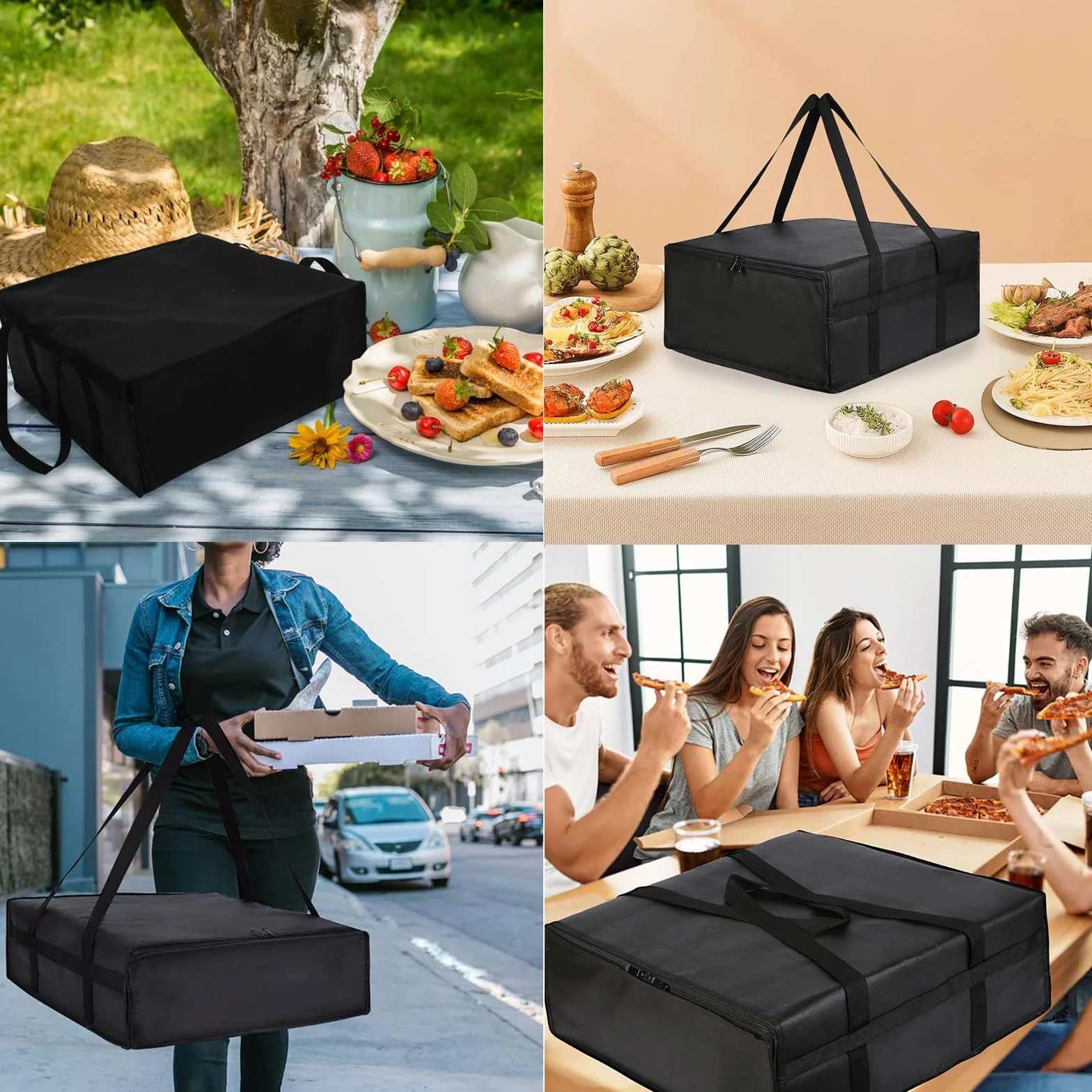 Zaino Borsa Termica Portapizza Grande Porta Pizza Sacchi Isolanti Porta Pizza Termico da Asporto Porta Pizza da Asporto Chiusura A Zip per Portacibo Freddo E Caldo, Grande Capacità, Pieghevole (Nero)