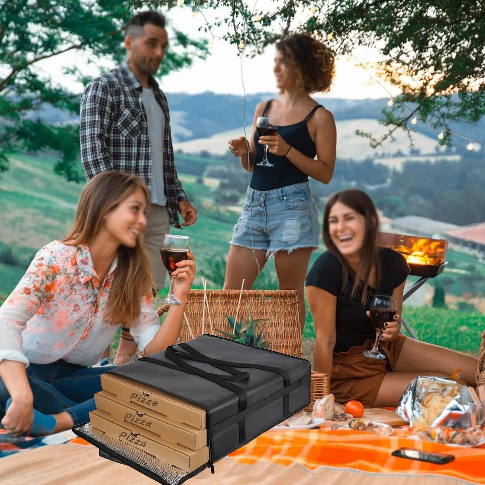 Zaino Borsa Termica Portapizza Grande Porta Pizza Sacchi Isolanti Porta Pizza Termico da Asporto Porta Pizza da Asporto Chiusura A Zip per Portacibo Freddo E Caldo, Grande Capacità, Pieghevole (Nero)